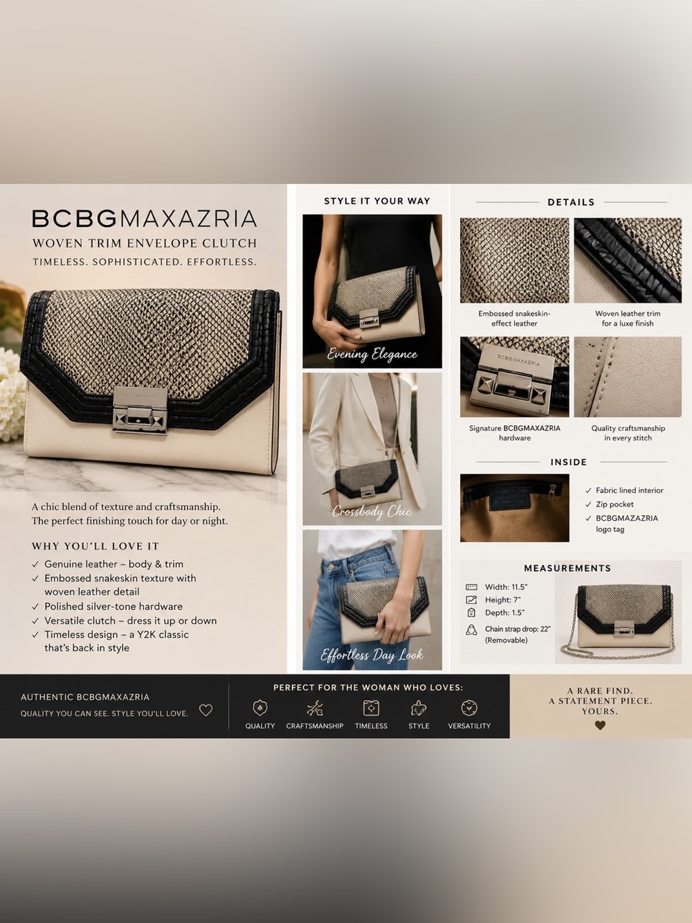 BCBGMaxAzria Beige and Black Woven-Trim Envelope Clutch